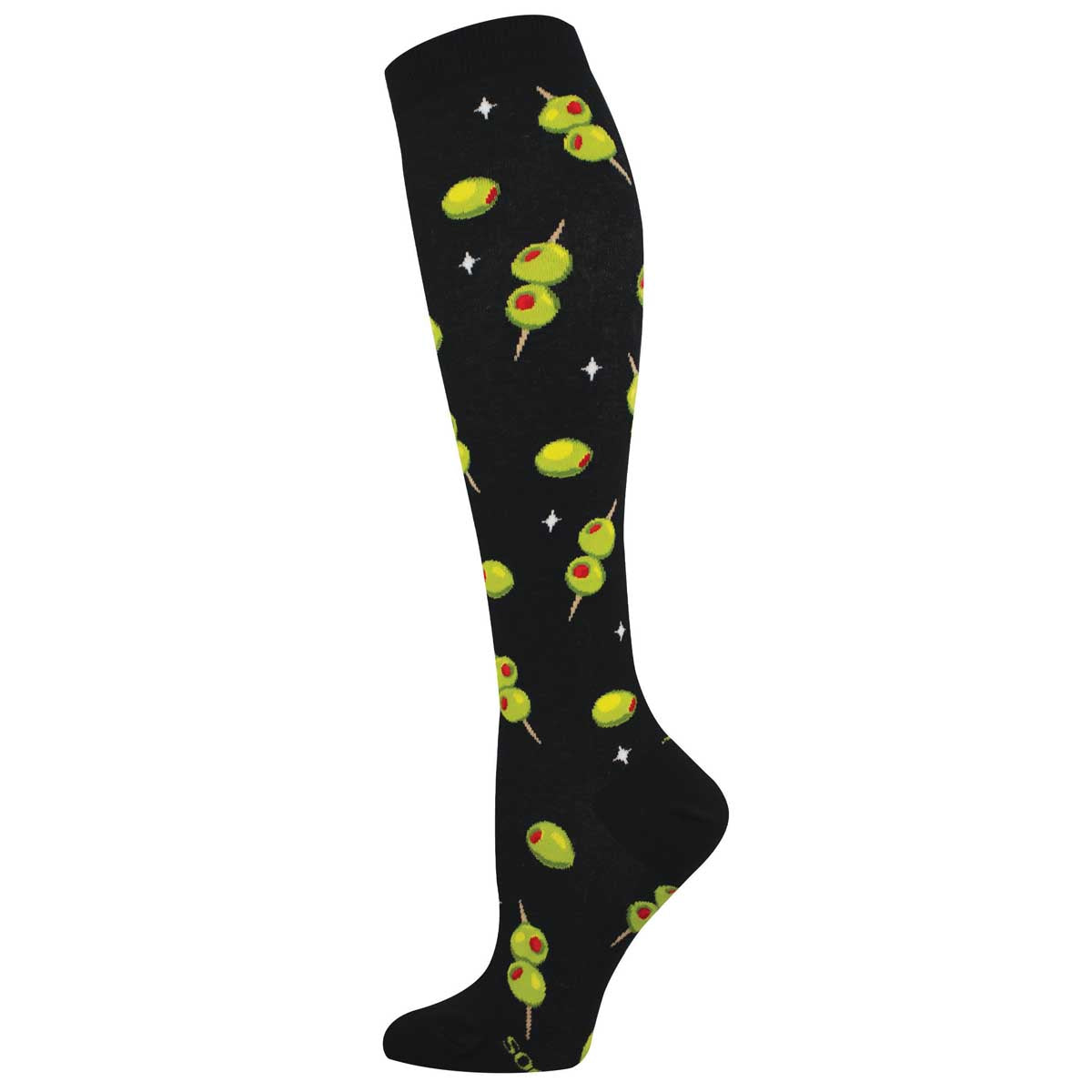 Women's Knee High Cotton Crew Socks - Cocktail Olives Design - Black - Socksmith