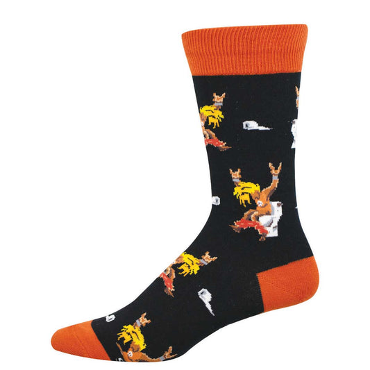 Sock with orange top and bottom and black middle, featuring cartoon characters on toilets 'potty like a rock star'