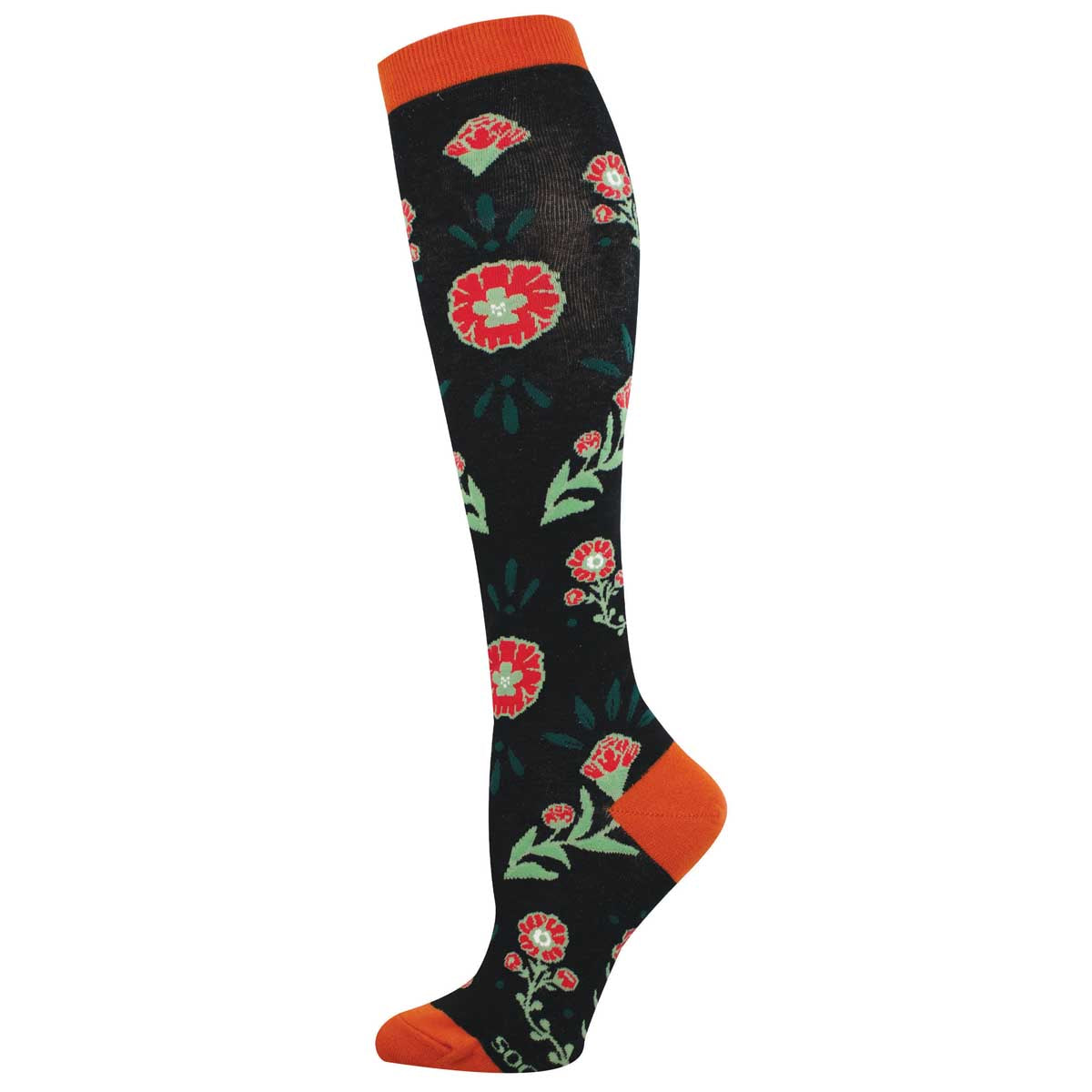 Women's Knee High Cotton Crew Socks - California Poppies Design - Black - Socksmith