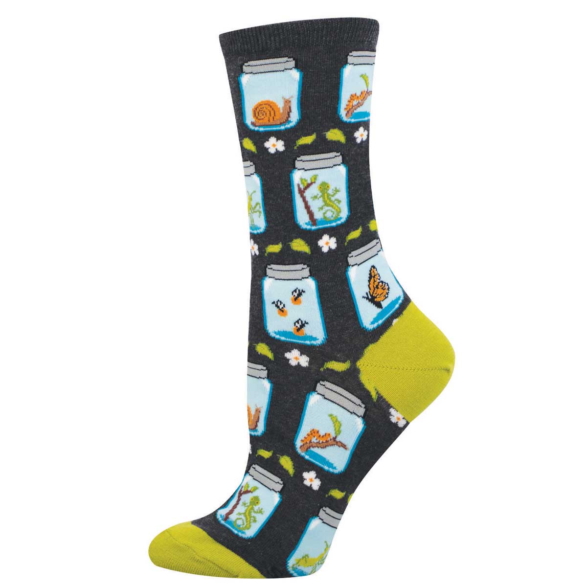 Women's Cotton Crew Socks - Cute Bugs in Jars Pattern - Gray and Green - Socksmith