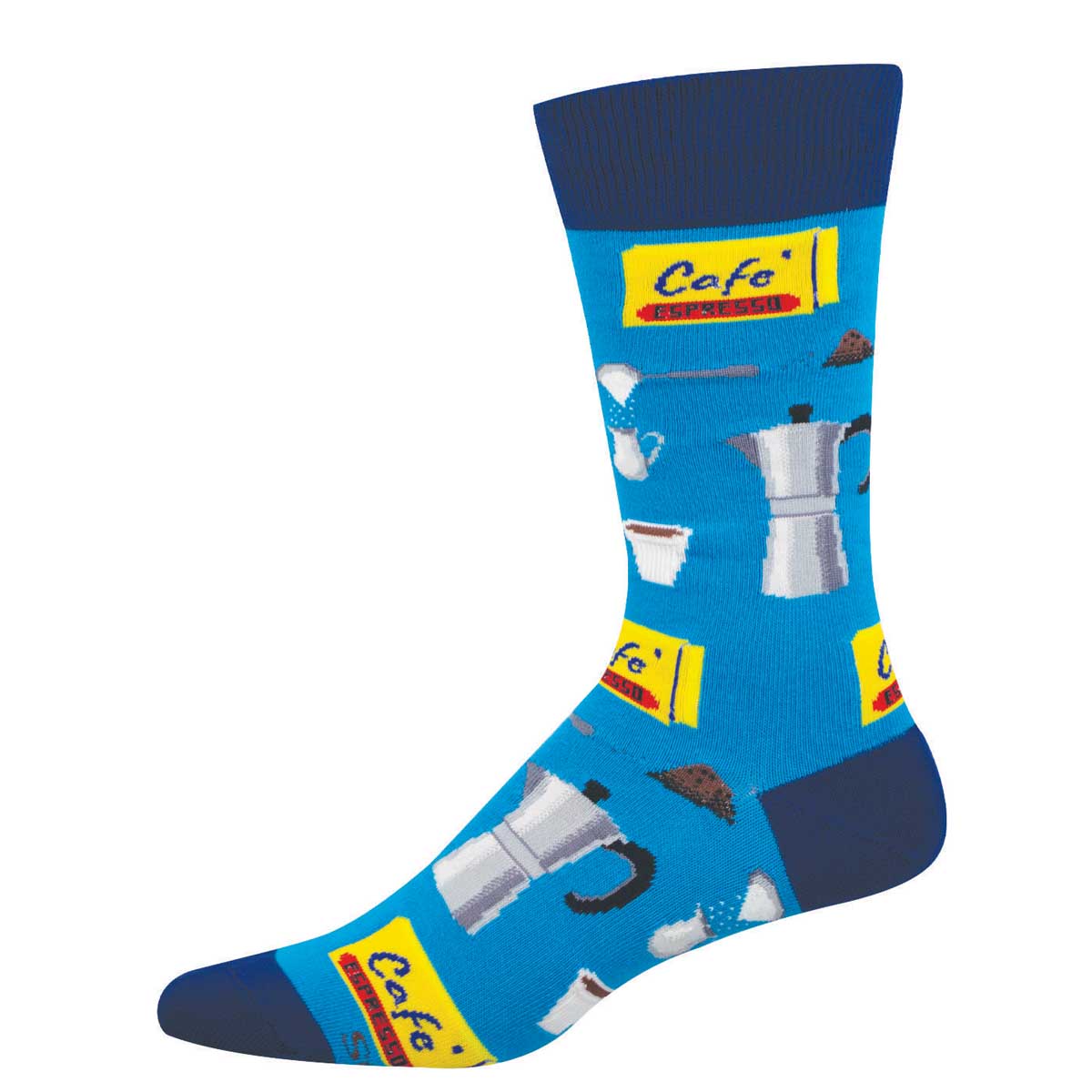 Blue sock with coffee-themed design and 'Cafe Espresso' branding 