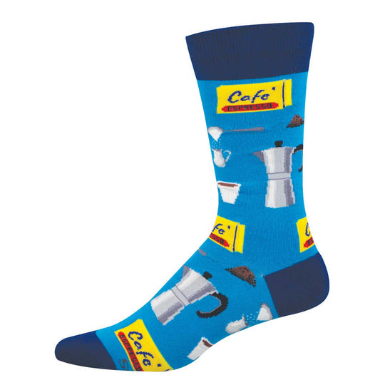 Blue sock with coffee-themed design and 'Cafe Espresso' branding 