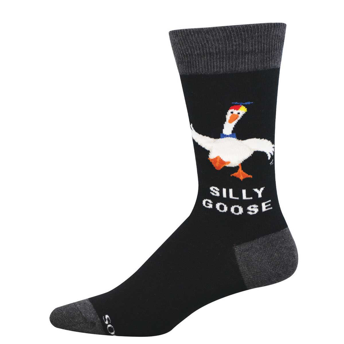 Black sock with a goose graphic and 'Silly Goose' text