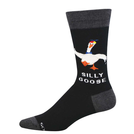 Black sock with a goose graphic and 'Silly Goose' text