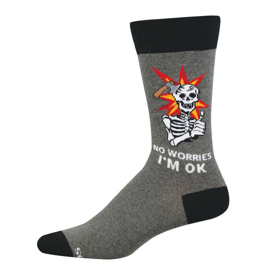 Gray sock with a skeleton design that has an axe in his head saying 'No worries, I'm OK' text