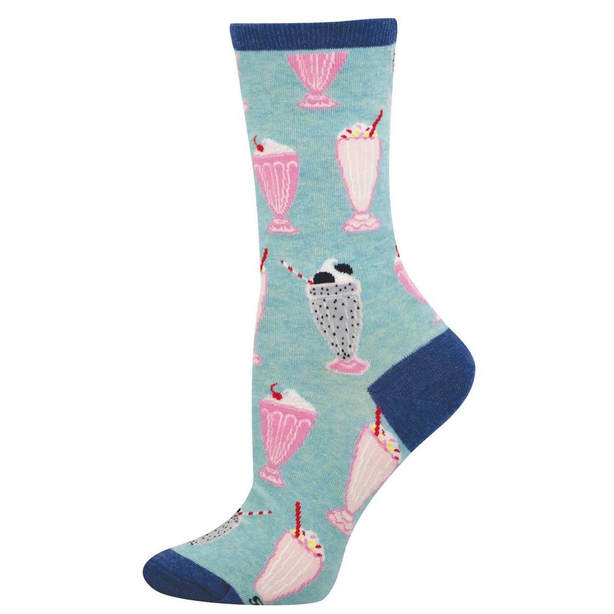 Women's Cotton Crew Socks - Retro Diner Milkshakes Motif - Blue - Socksmith