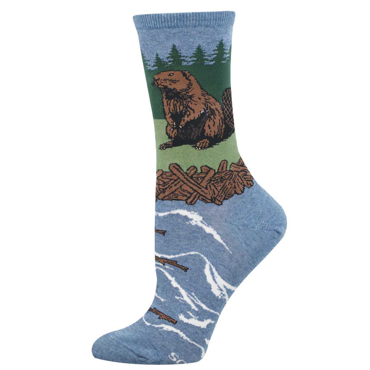 Blue sock with a large beaver and dam design
