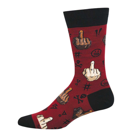 Red sock with black cuffs and toes featuring middle finger and other symbols on a white background