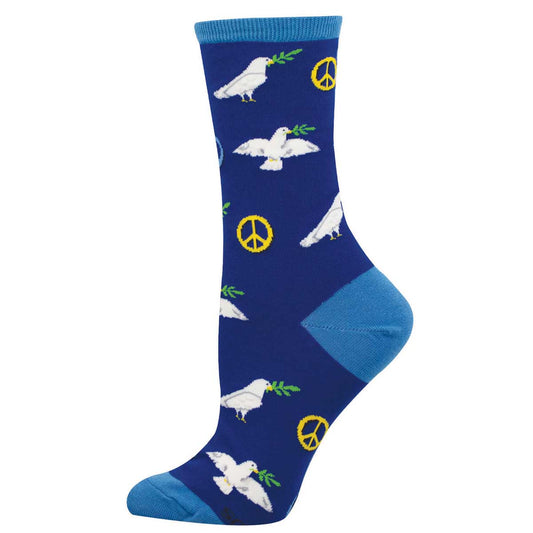 Women's Cotton Crew Socks - White Dove and Peace Symbol Pattern - Blue - Socksmith