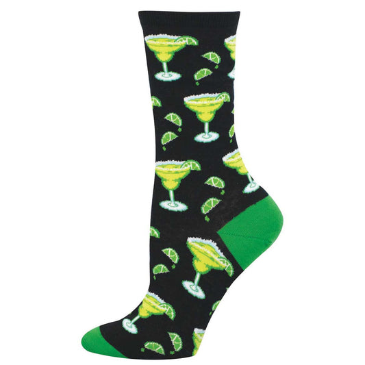 Women's Cotton Crew Socks - Margarita and Lime Motif - Black and Green - Socksmith