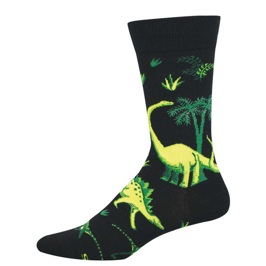 Black sock with a green dinosaur pattern