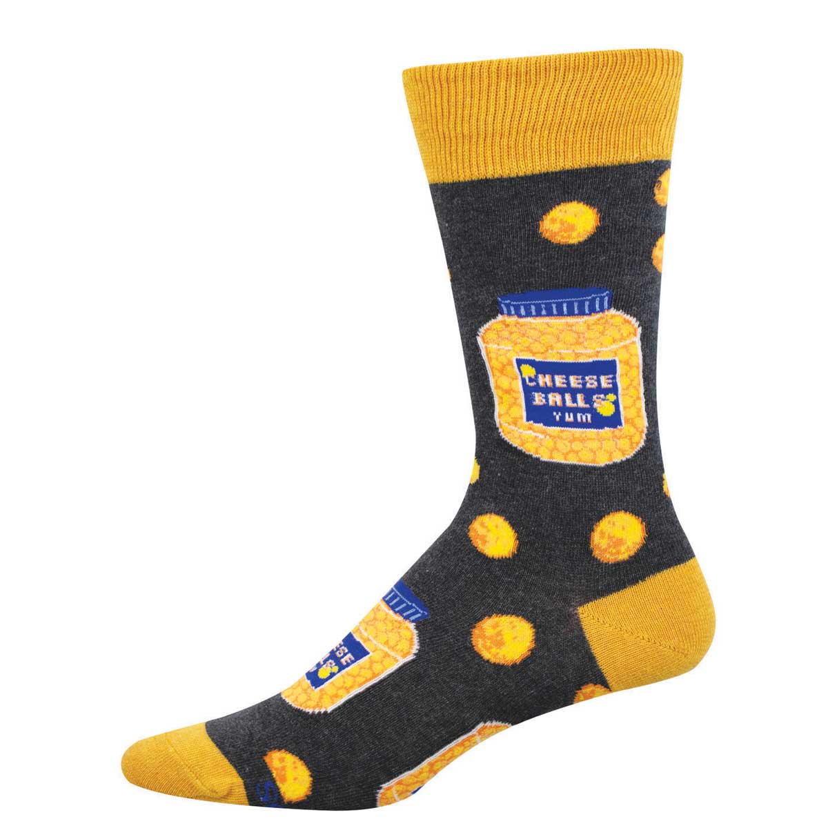 Sock with cheese ball design on a charcoal heather background