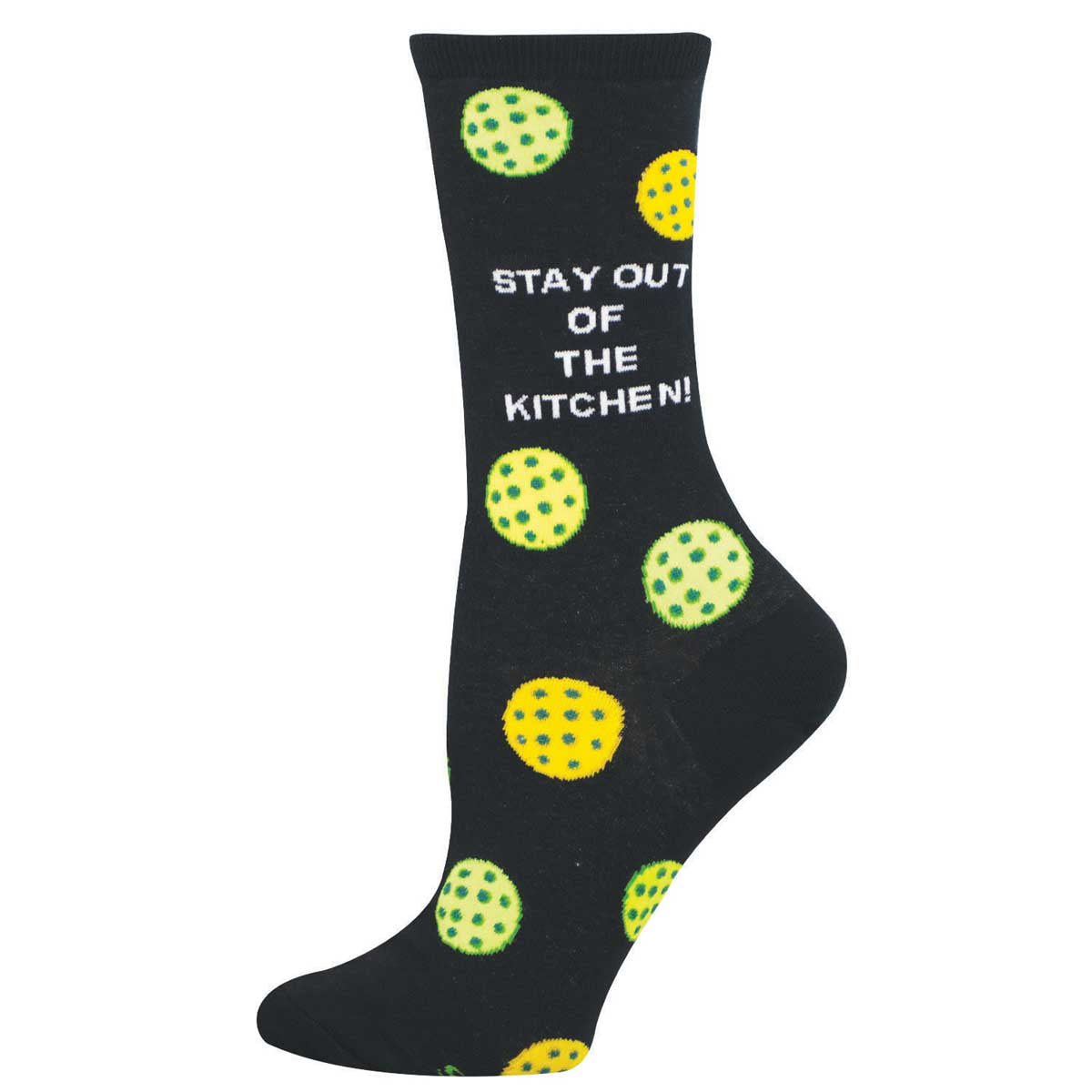 Women's Cotton Crew Socks - 'Stay Out of the Kitchen!' and Pickleballs - Black - Socksmith
