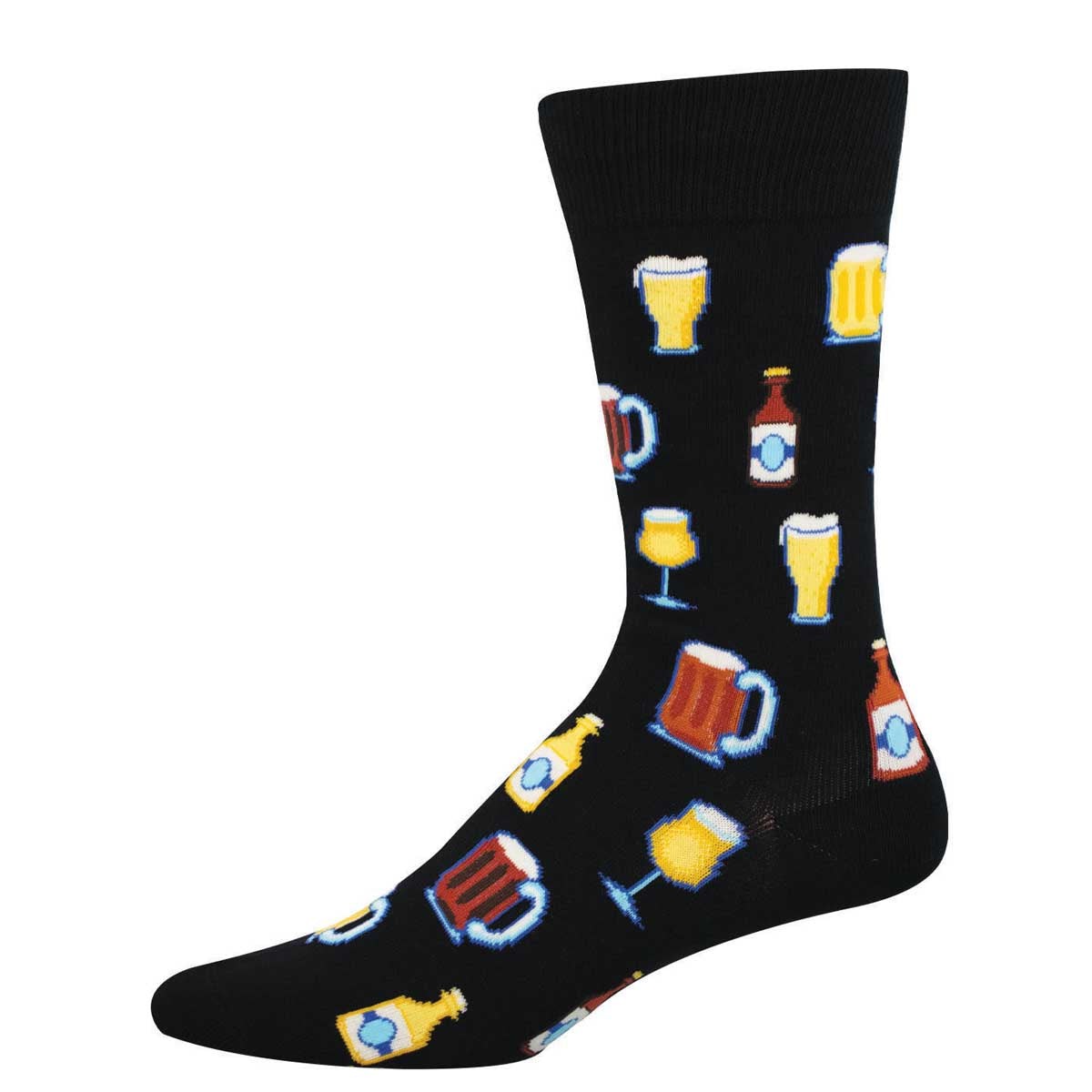 Black sock with colorful beer-themed pattern 