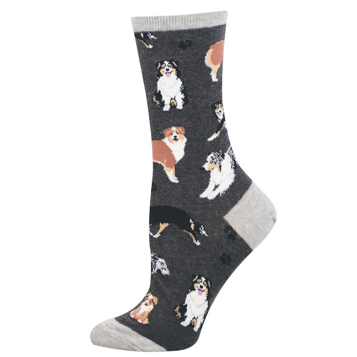 Women's Cotton Crew Socks - Australian Shepherd Motif - Gray - Socksmith