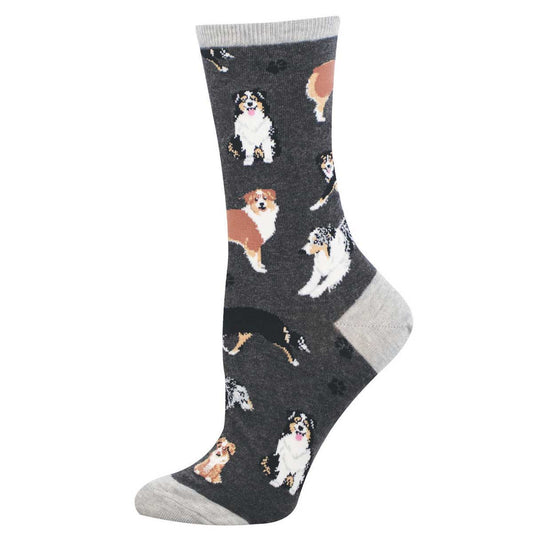 Women's Cotton Crew Socks - Australian Shepherd Motif - Gray - Socksmith