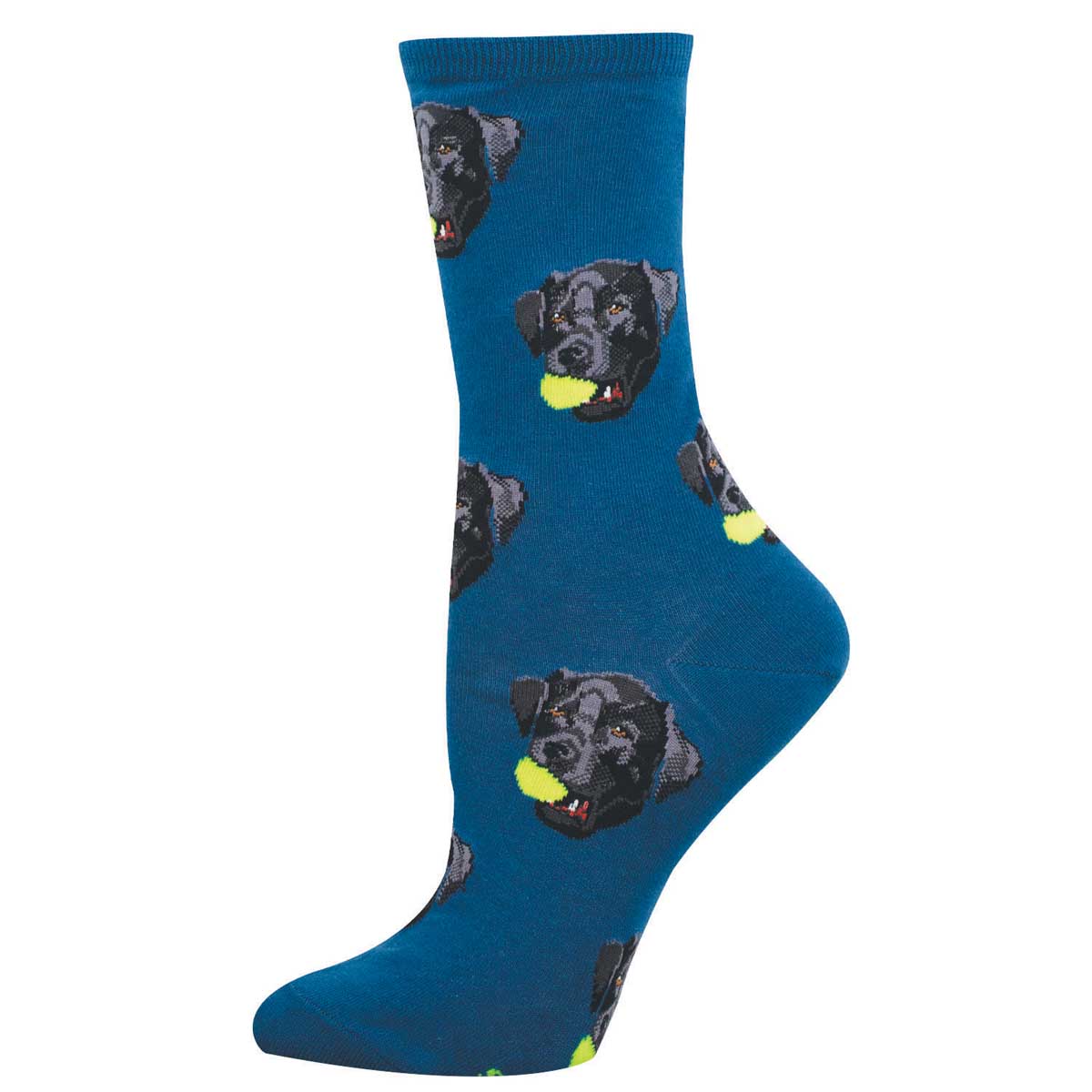 Women's Cotton Crew Socks - Black Lab with Ball In Mouth - Blue - Socksmith