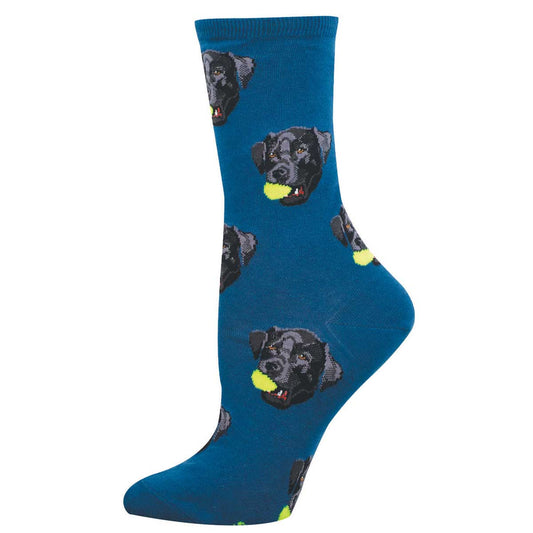 Women's Cotton Crew Socks - Black Lab with Ball In Mouth - Blue - Socksmith