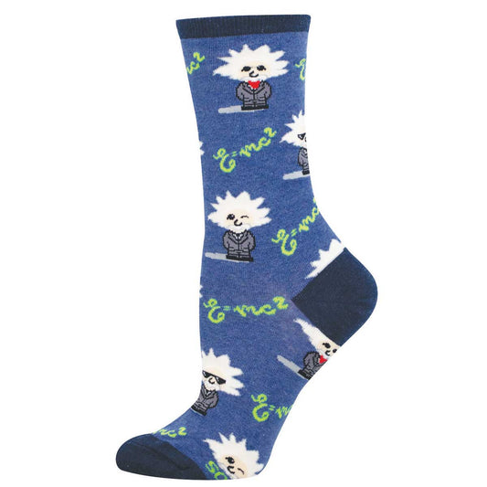 Women's Cotton Crew Socks - Einstein Bitmoji Motif with Equations - Blue - Socksmith