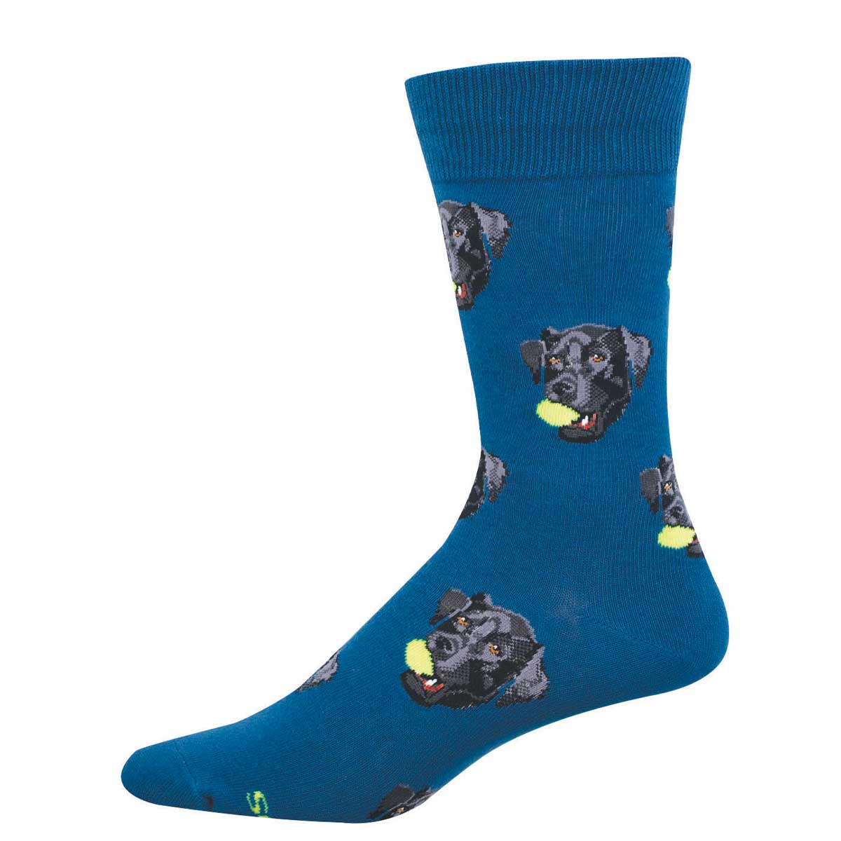 Blue sock with black lab dogs and yellow tennis balls in their mouths