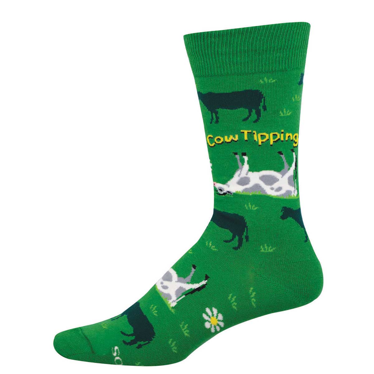 Green sock with cow tipping design