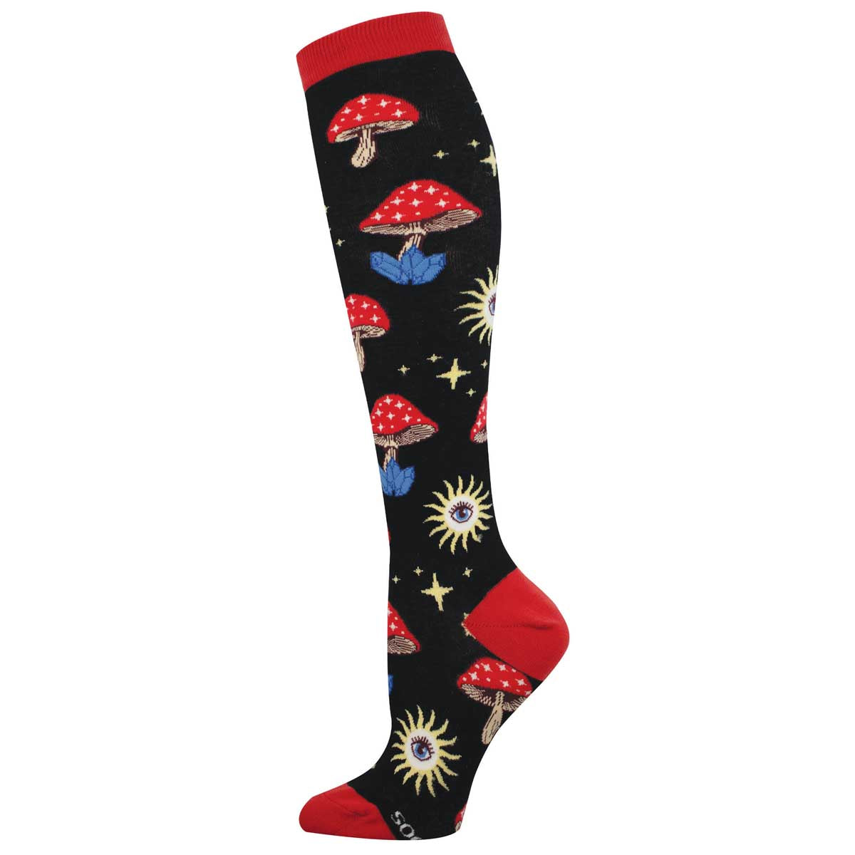 Women's Knee High Cotton Crew Socks - Magical Mushroom Celestial Motif - Black - Socksmith