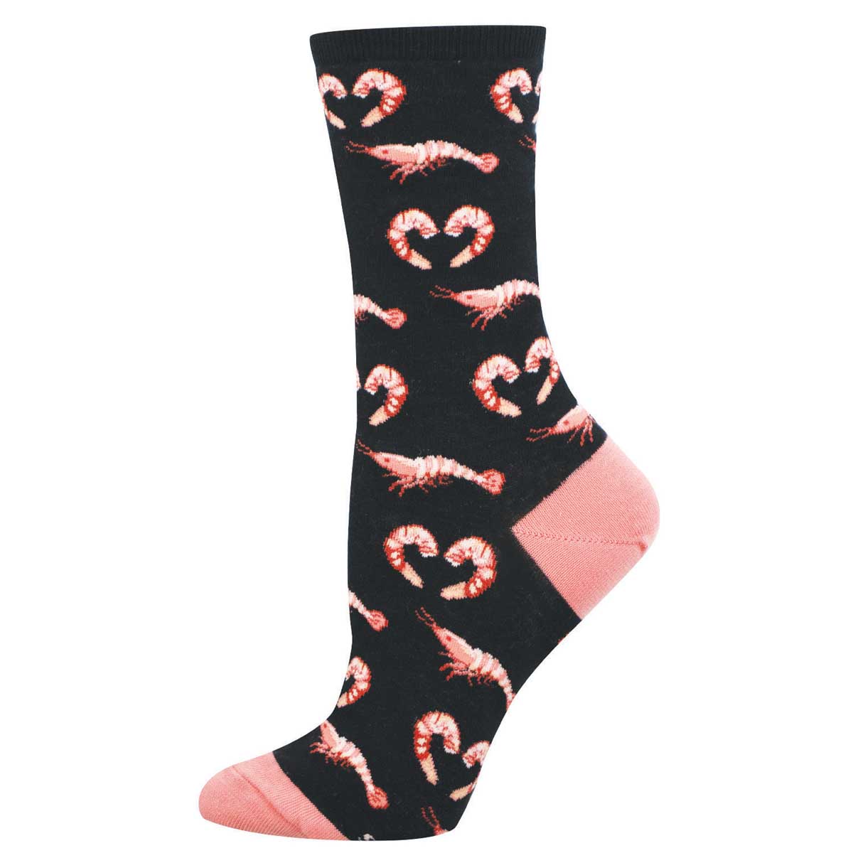Women's Cotton Crew Socks - Shrimp Making Heart Shapes Motif - Black and Pink - Socksmith