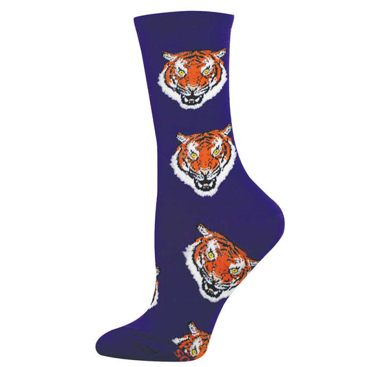 Women's Cotton Crew Socks - Tiger Faces Design On Purple Background - Socksmith