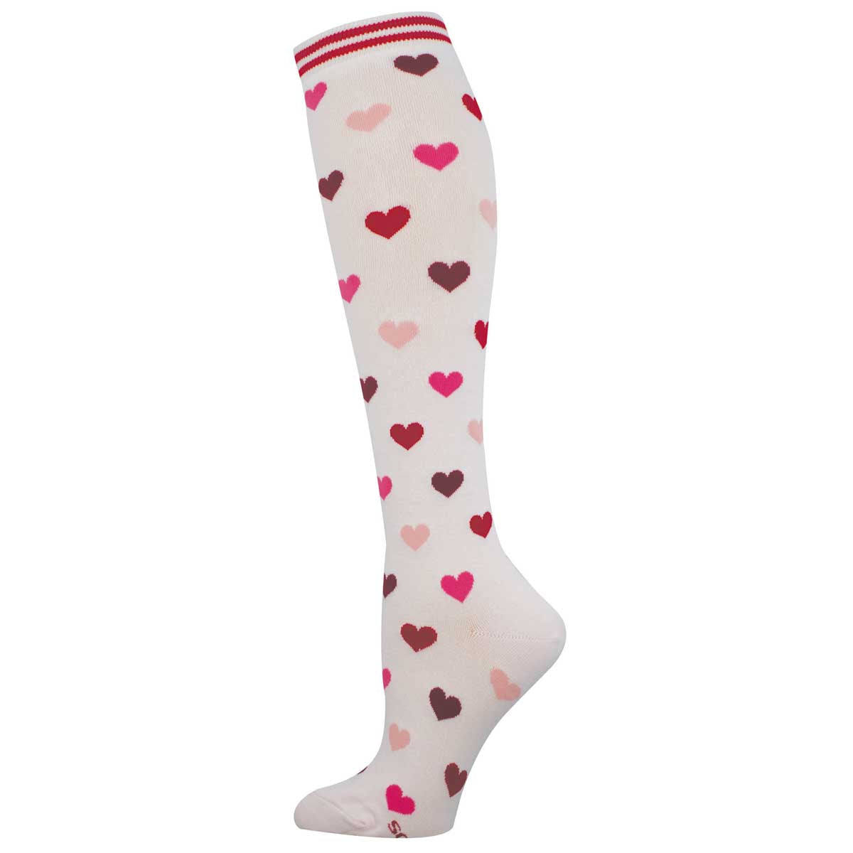 Women's Knee High Cotton Crew Socks - Love Hearts Design - Ivory and Pink - Socksmith