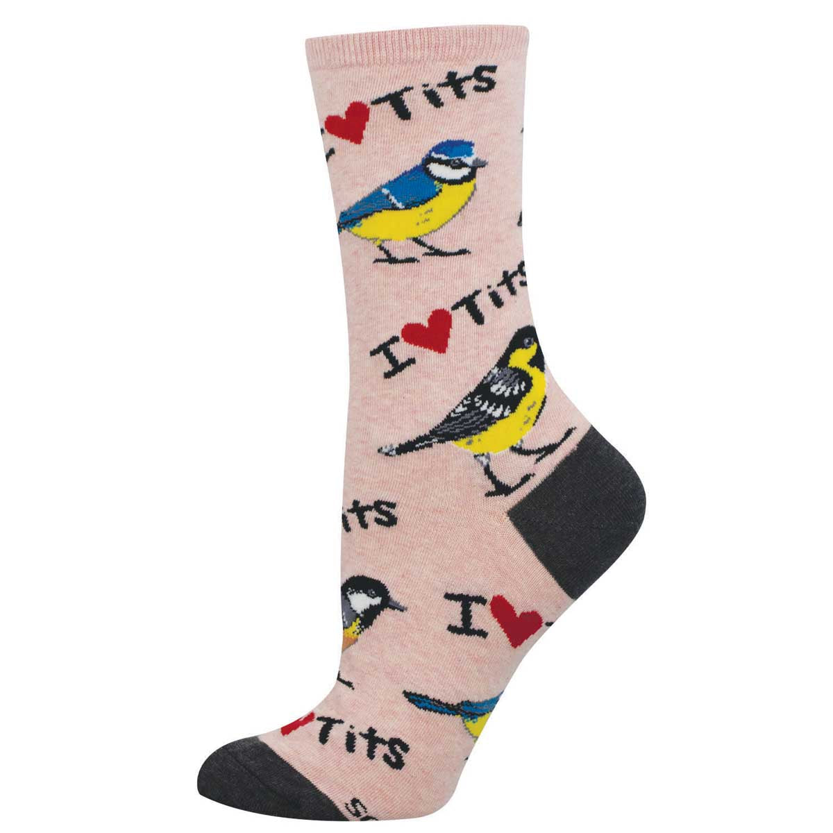 Women's Cotton Crew Socks with Bird Motif and Text Saying "I Heart Tits" - Pink - Socksmith