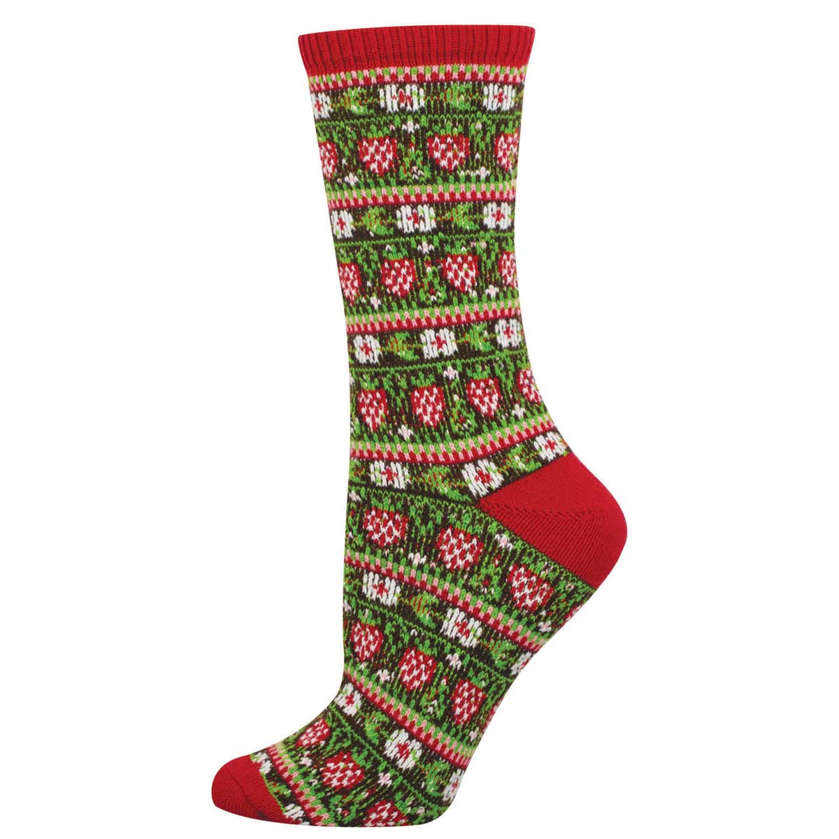 Women's Polyester Sweater Socks - Cozy Strawberry Pattern - Red and Brown - Socksmith