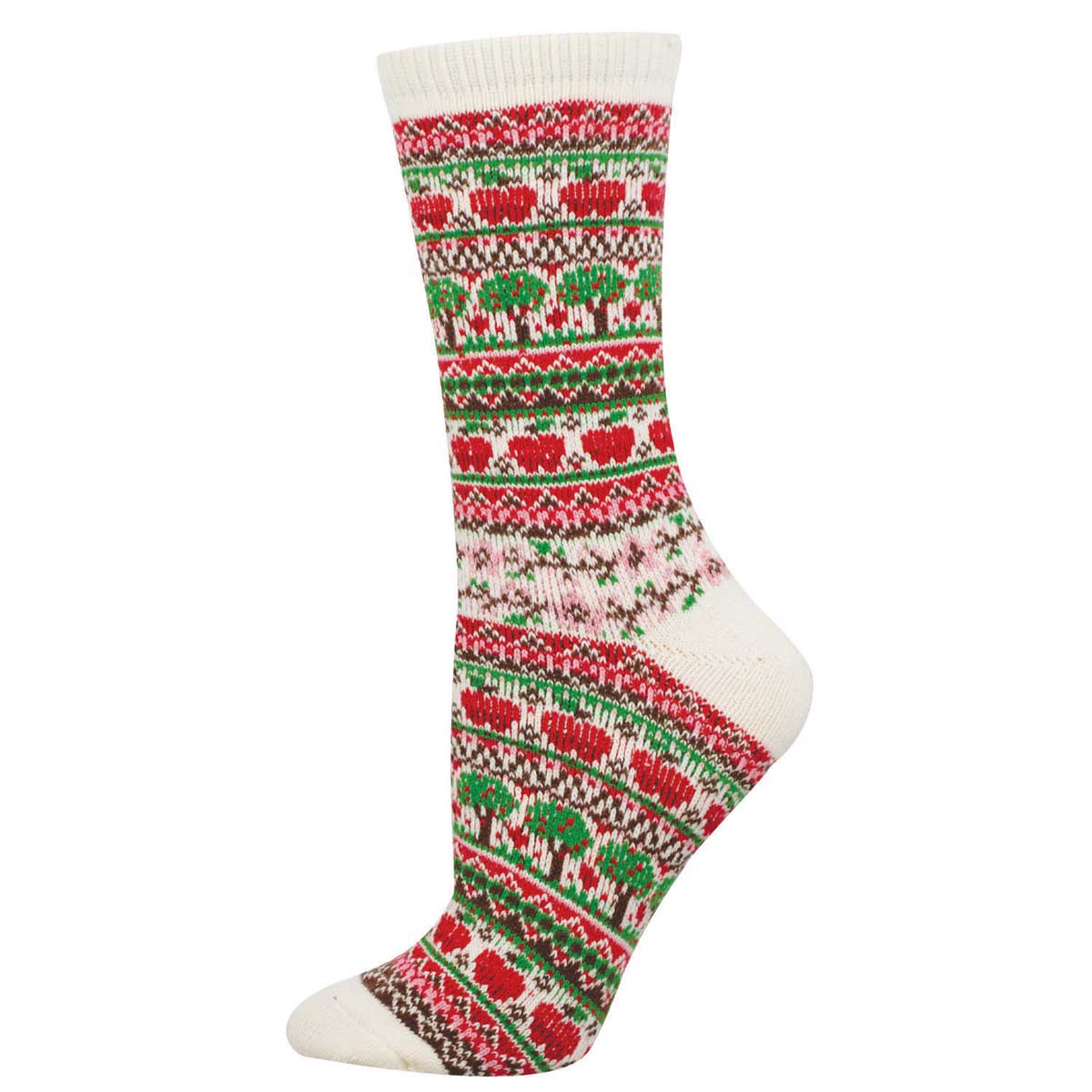 Women's Polyester Sweater Socks - Apple Trees Pattern - Cream, Red and Green - Socksmith