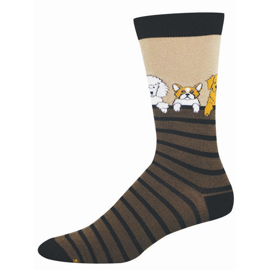 Sock with dog illustrations on a beige background with black and brown stripes