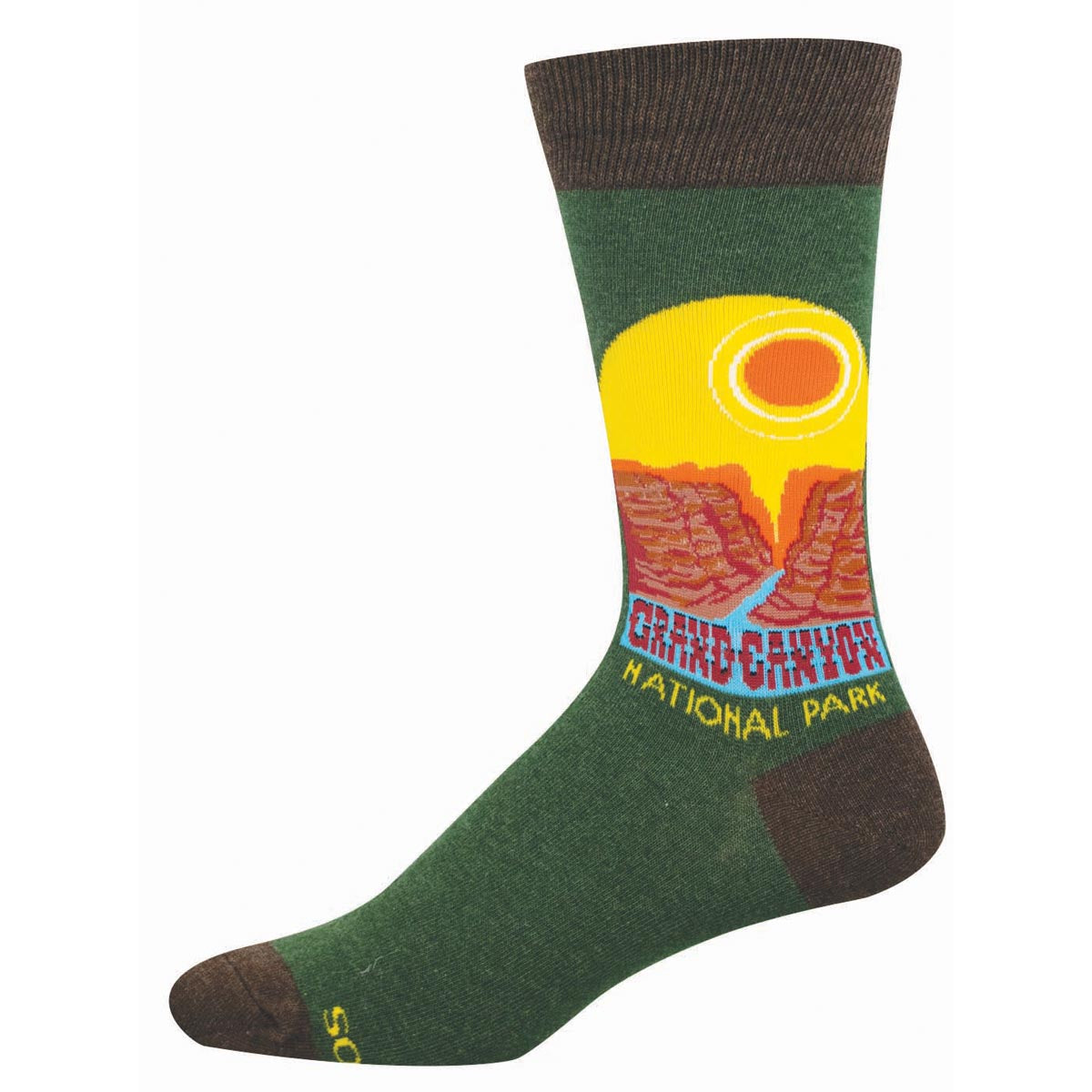 Green sock with a colorful design of a mountain and sun, featuring 'Grand Canyon National Park' text.