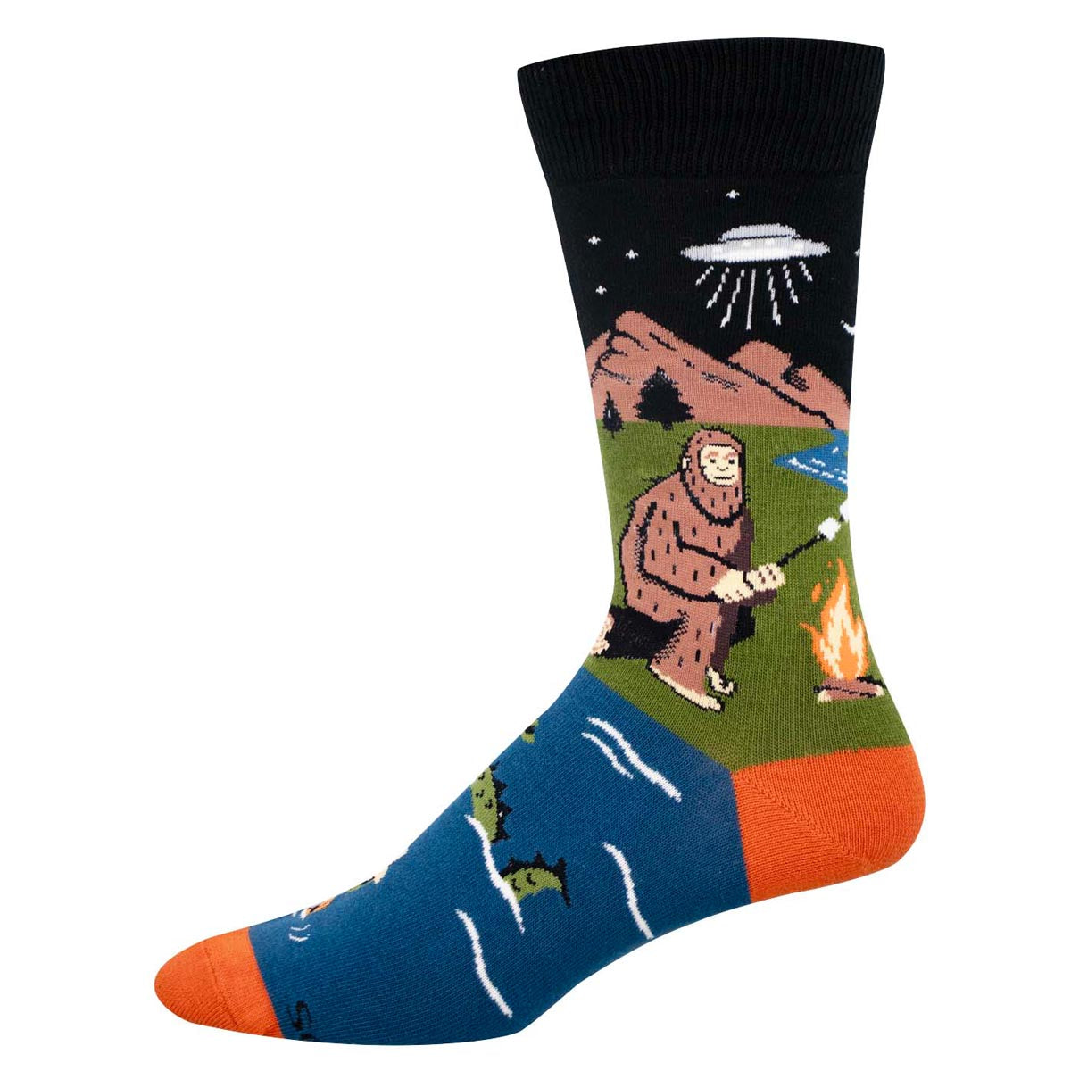 Colorful sock with bigfoot roasting a marshmallow over a campfire with a UFO in the background