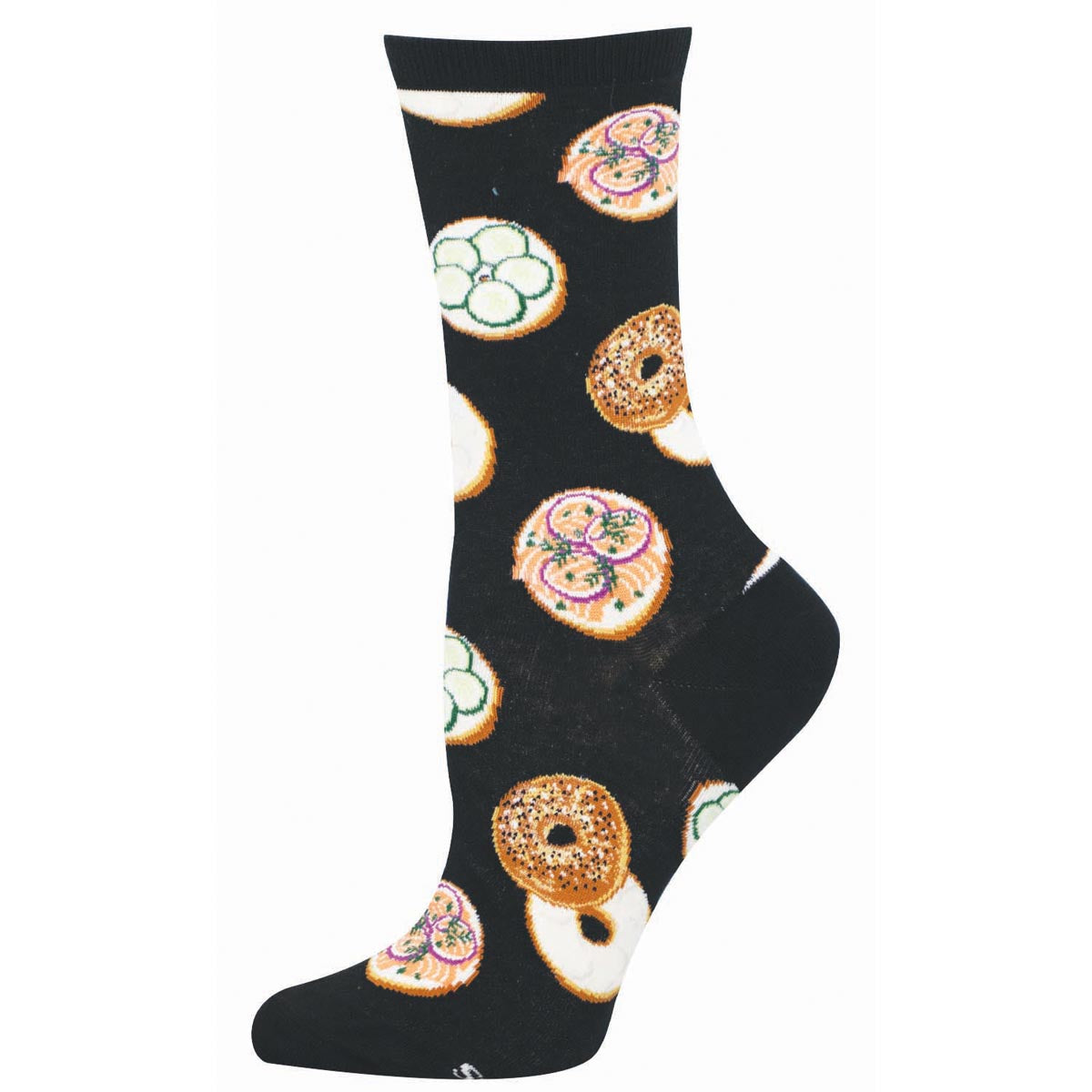Black sock with bagel and lox pattern