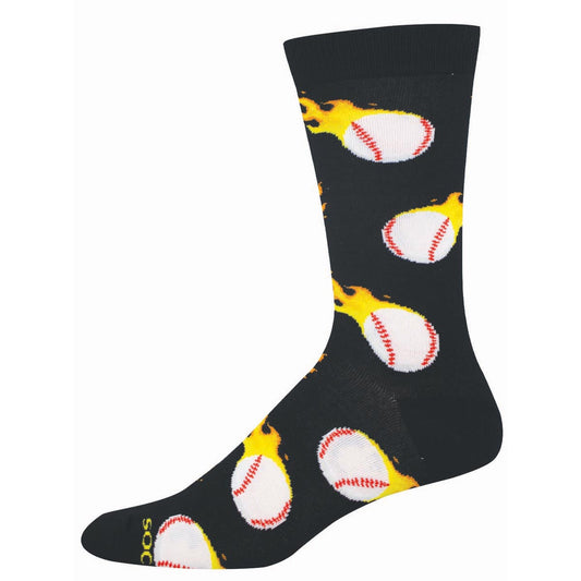 Black sock with baseballs on fire pattern