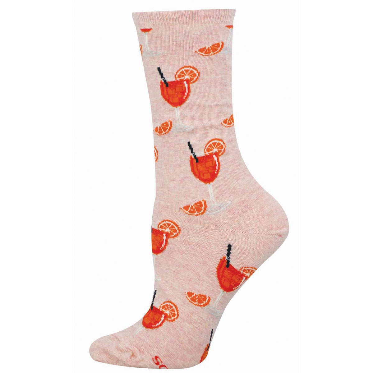 Sock with cocktail and citrus slice pattern on a light pink background