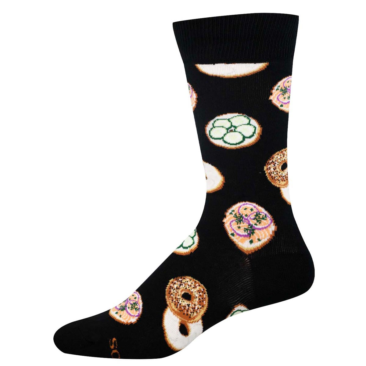 Black sock with colorful bagel and lox pattern