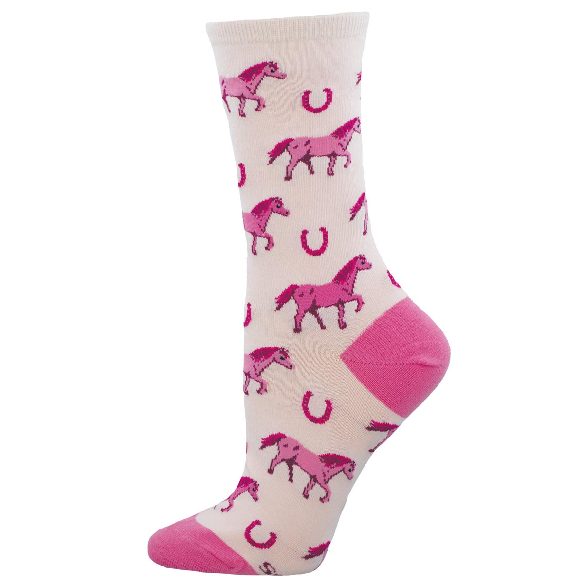 Sock with pink horse and horseshoe pattern on a white background