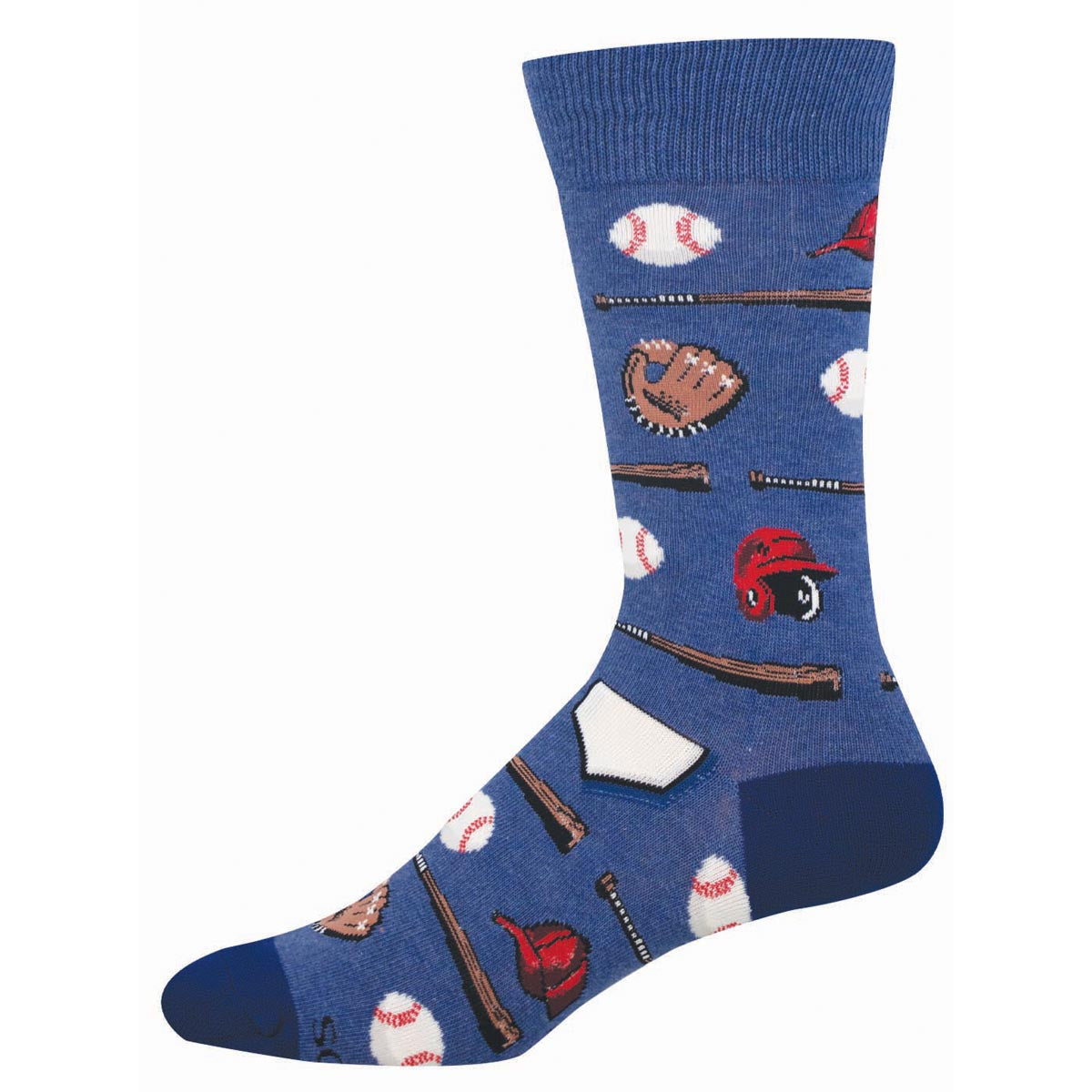 Blue sock with baseball-themed pattern featuring balls, hats, helmets, gloves, and home base