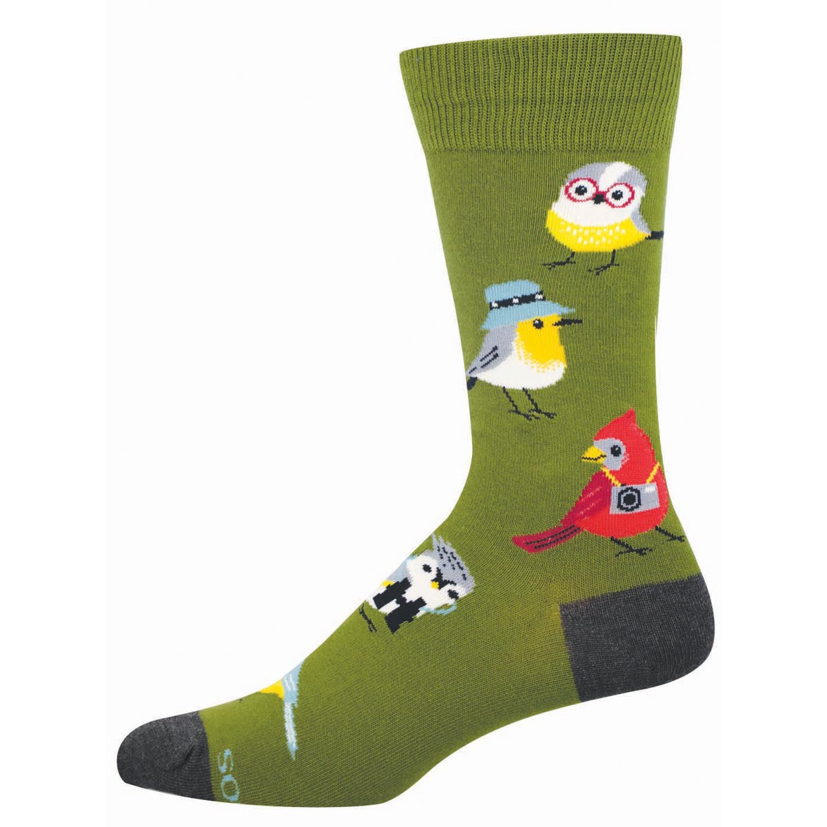 Green sock with illustrations of birds wearing birding equipment
