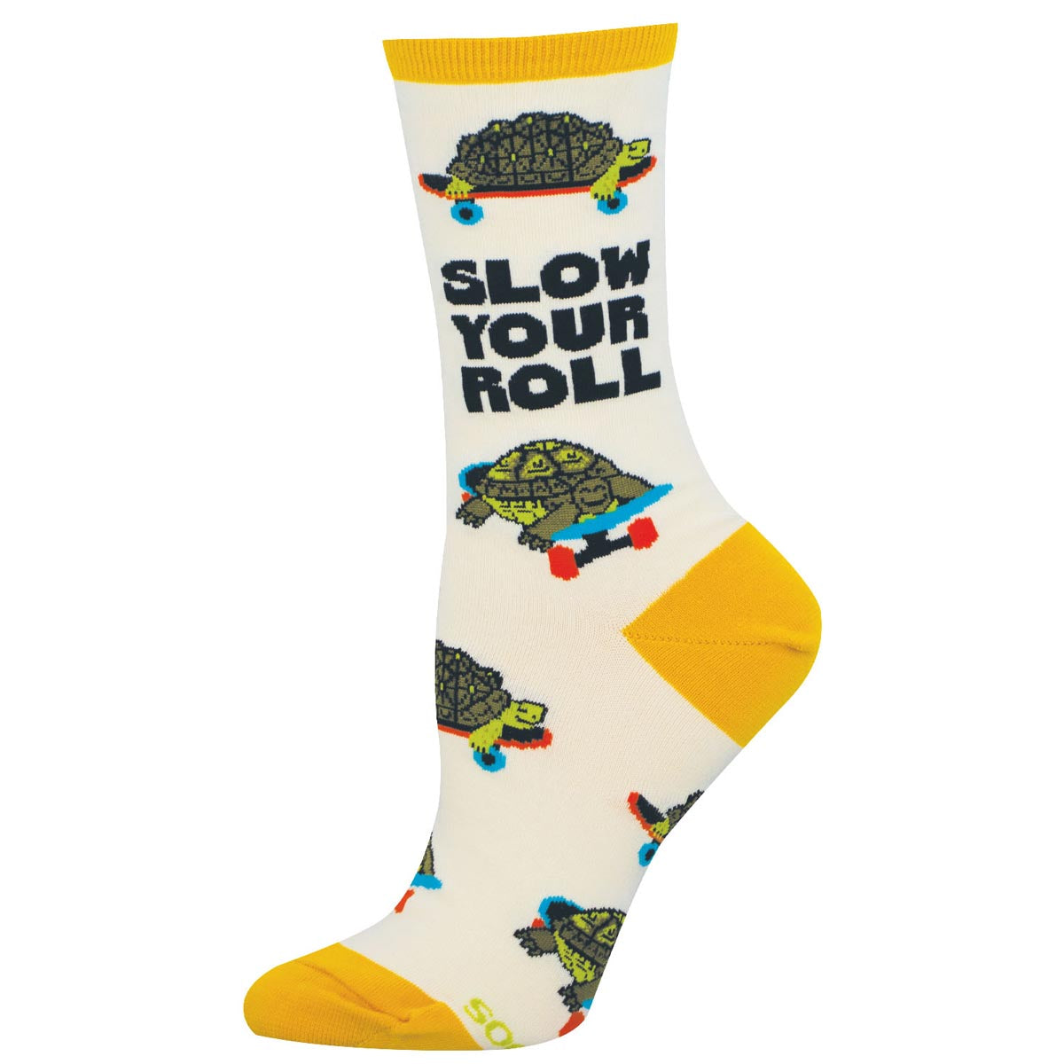 Sock with turtles on skateboards and 'Slow Your Roll' text on n ivory background
