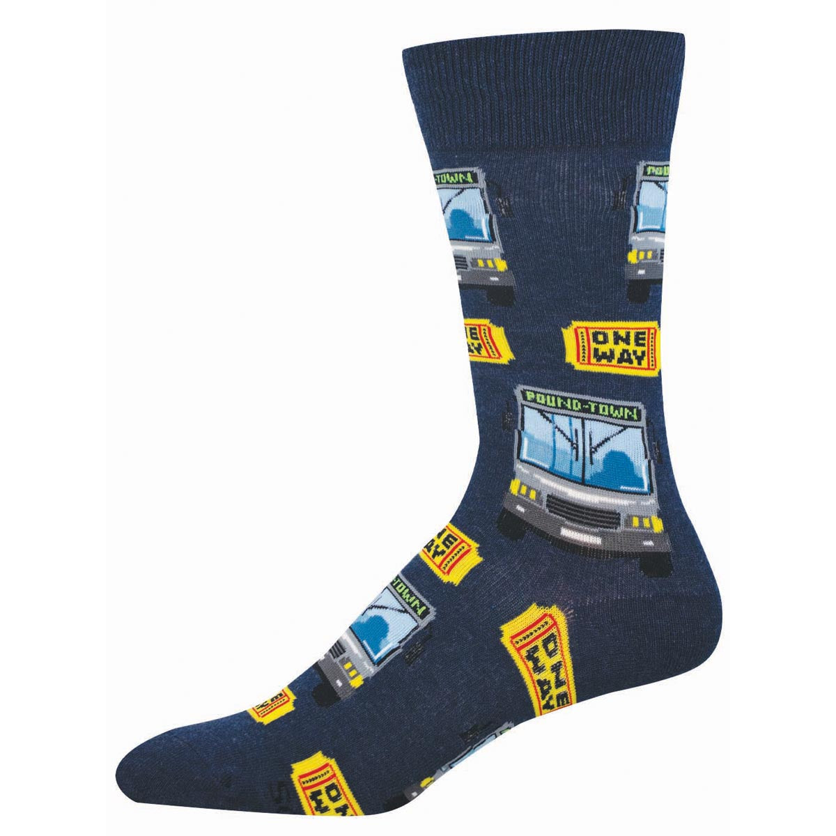 Navy sock with bus with "poundtown" text and one-way sign