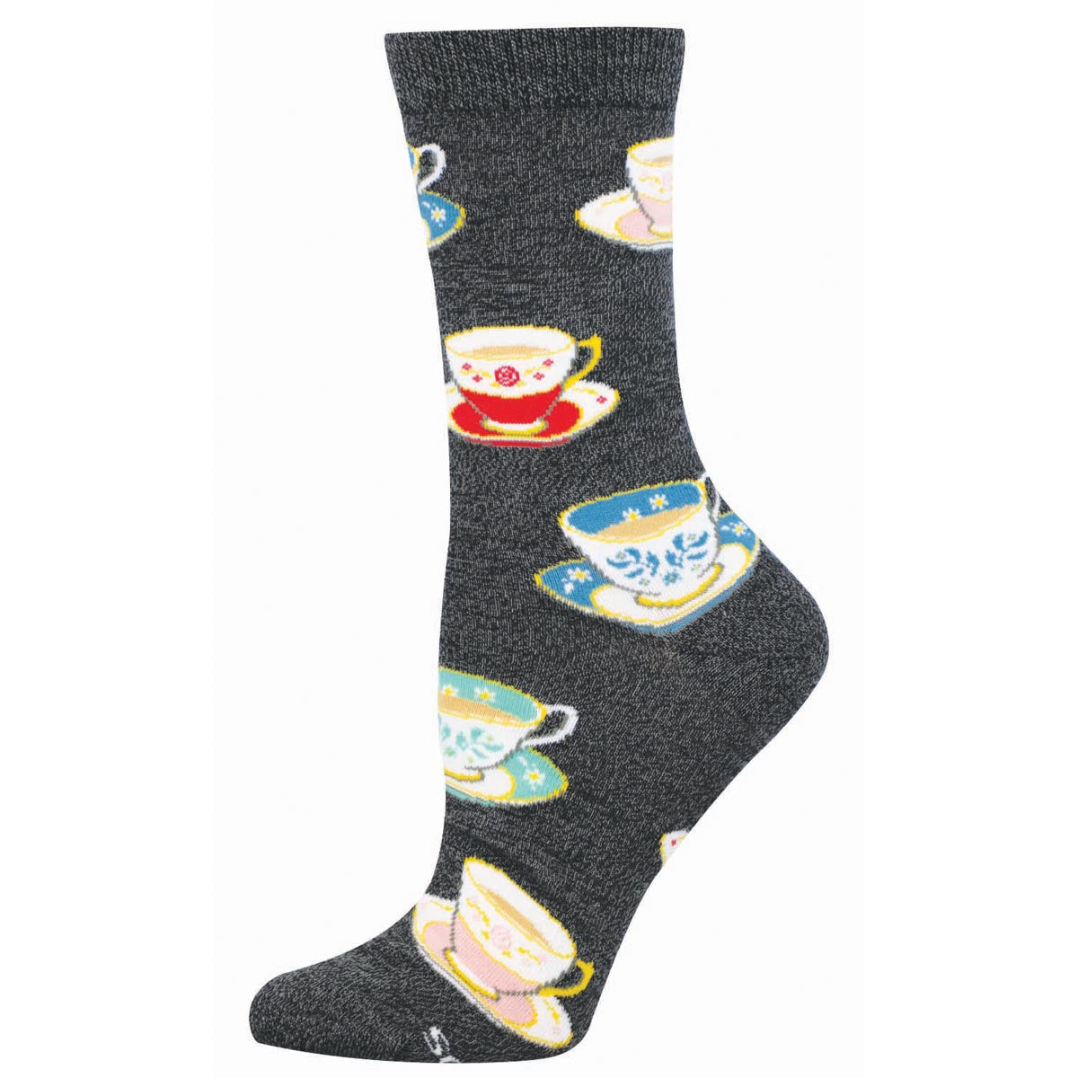Dark gray sock with colorful teacup pattern on a white background