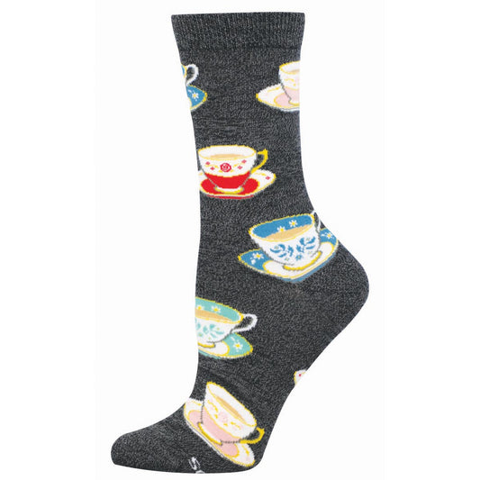 Dark gray sock with colorful teacup pattern on a white background