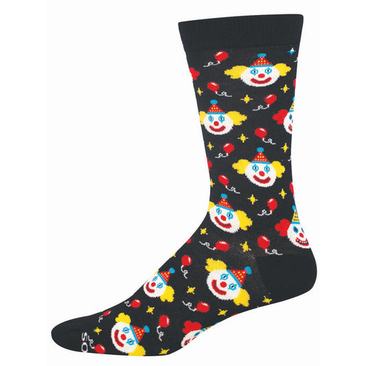Black sock with colorful clown faces pattern