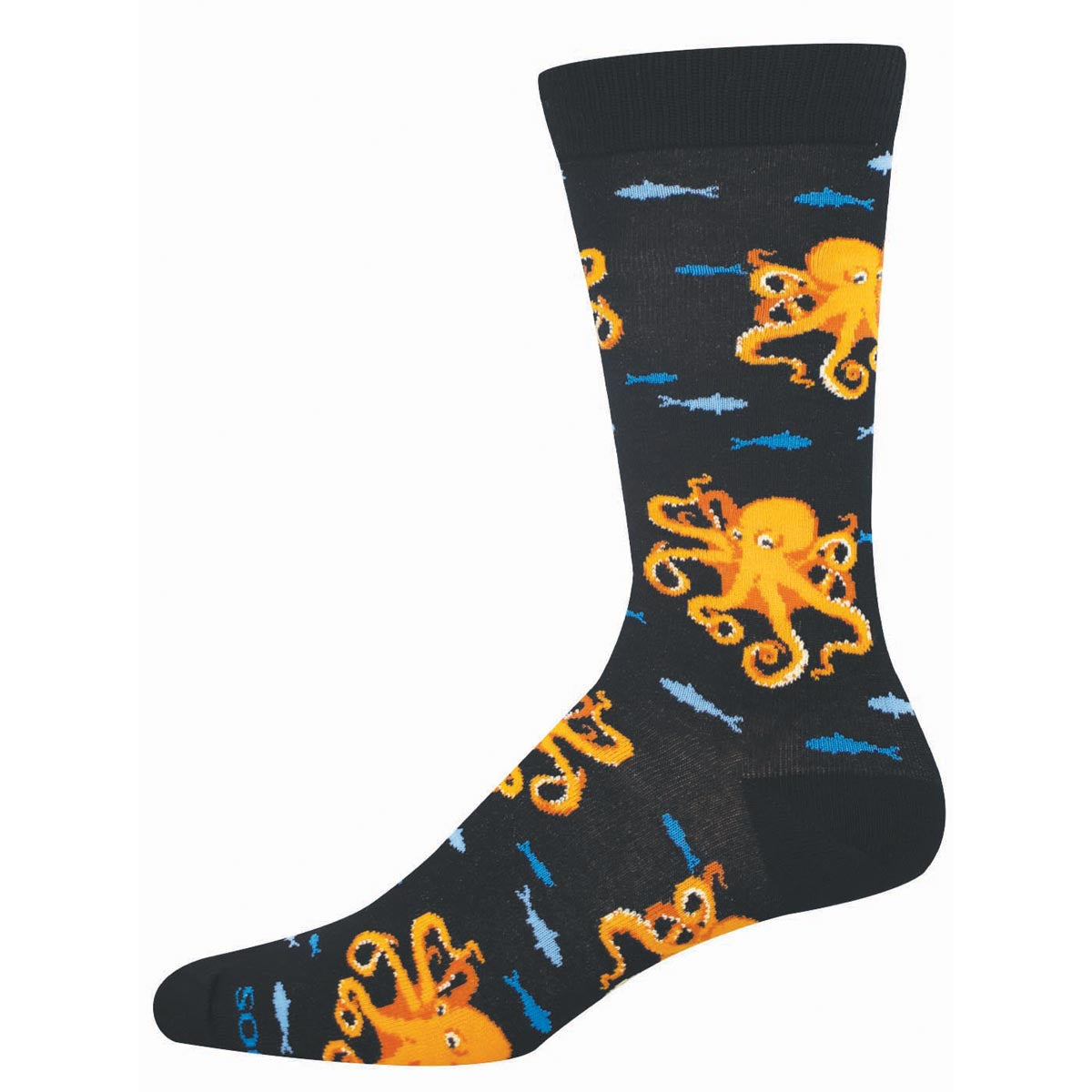 Black sock with orange octopus and blue fish pattern