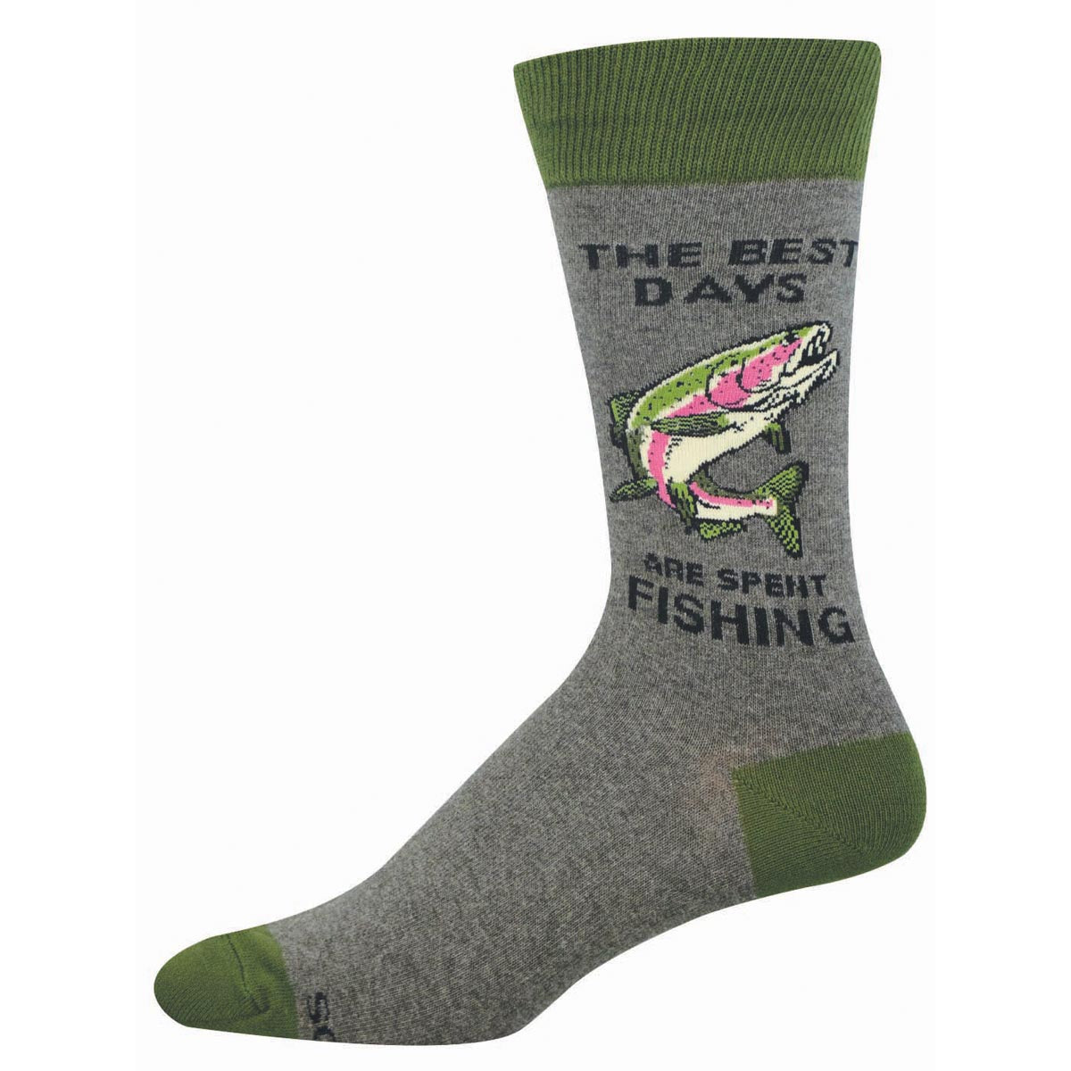 Gray sock with green accents featuring a fish graphic and "the best days are spent fishing" text