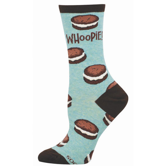 Sock with whoopie pie design and 'WHOOPIE!' text on a light blue background
